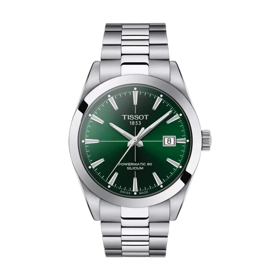 Tissot Gentleman Powermatic 80 Silicium watch with green dial, stainless steel case and bracelet