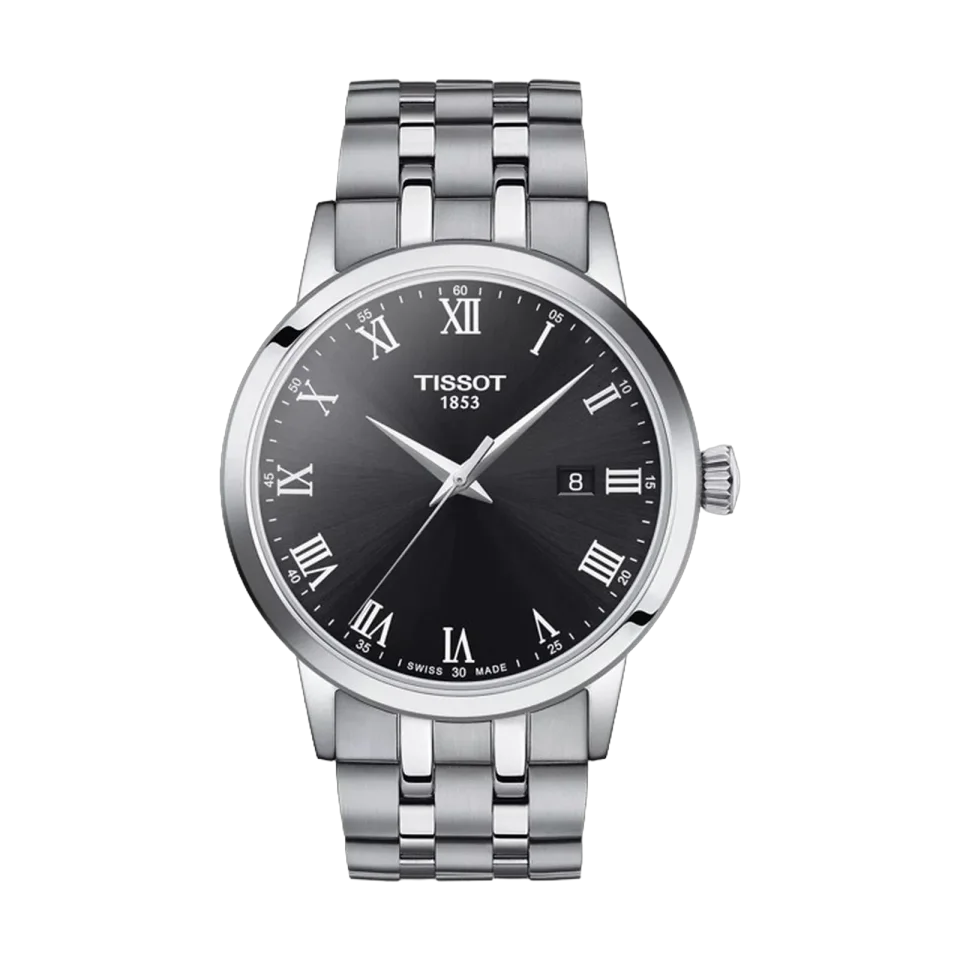 Tissot Classic Dream men’s watch with black dial, Roman markers and stainless steel bracelet