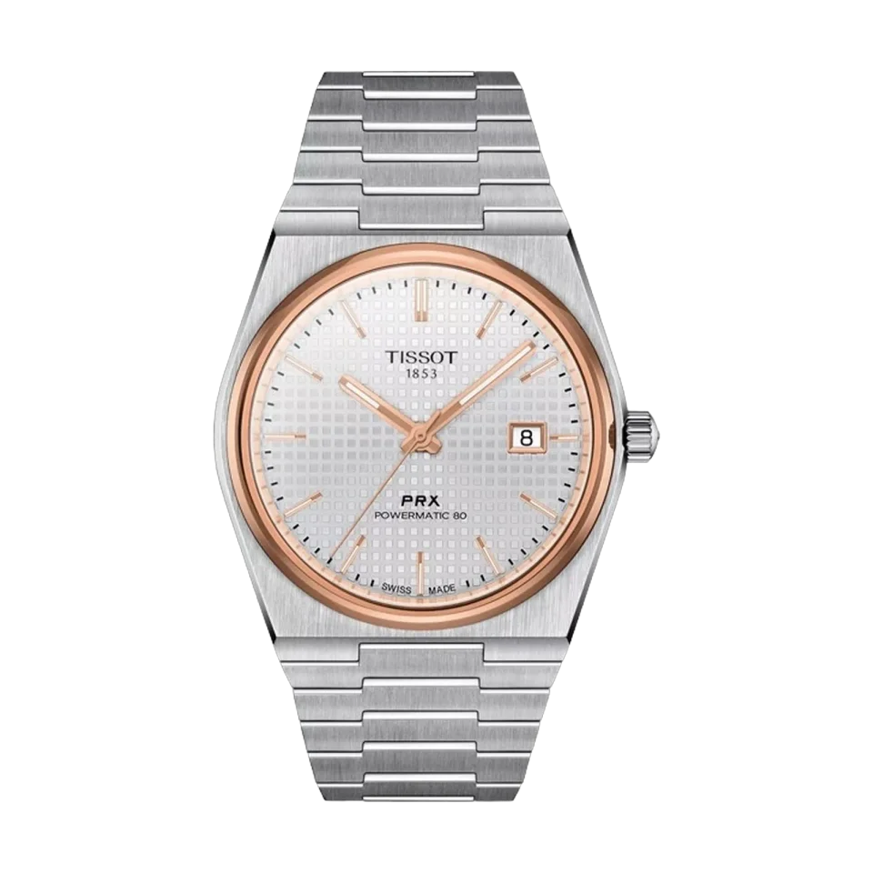 Tissot PRX Powermatic 80 men’s watch with silver dial, rose gold PVD accents and grey stainless steel bracelet