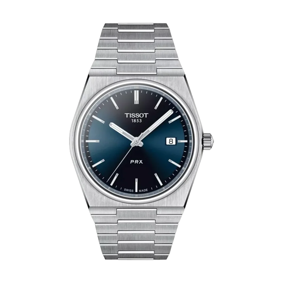 Tissot PRX men’s watch with blue dial, stainless steel case and bracelet.