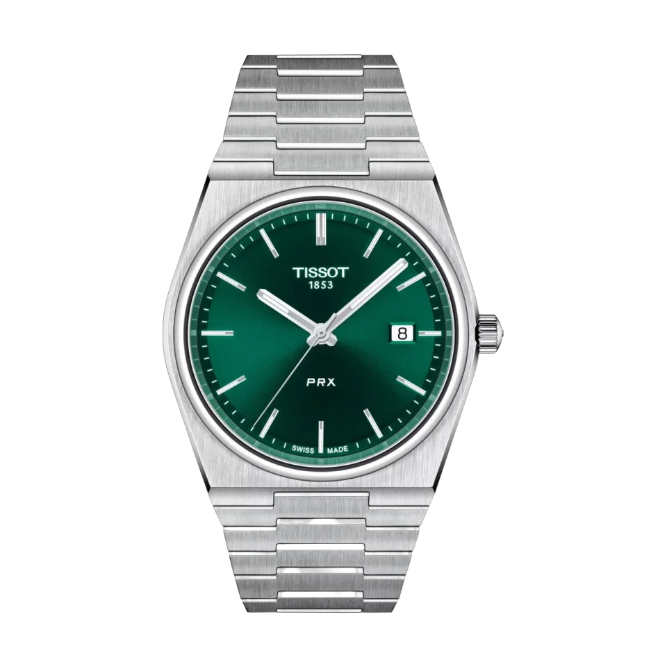 Tissot PRX men’s watch with green dial, stainless steel bracelet and silver-toned case.