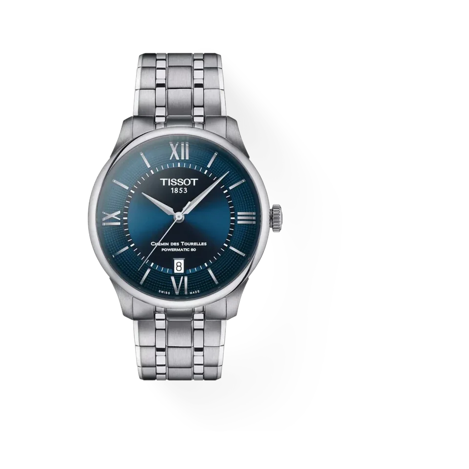 Tissot Chemin des Tourelles Powermatic 80 watch with blue dial, stainless steel case and grey stainless steel bracelet.