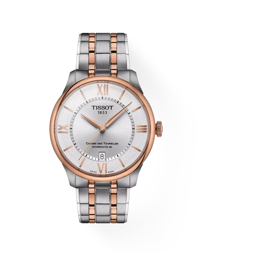 Tissot Chemin des Tourelles Powermatic 80 39 mm watch with silver dial, stainless steel case and bracelet, and date display.