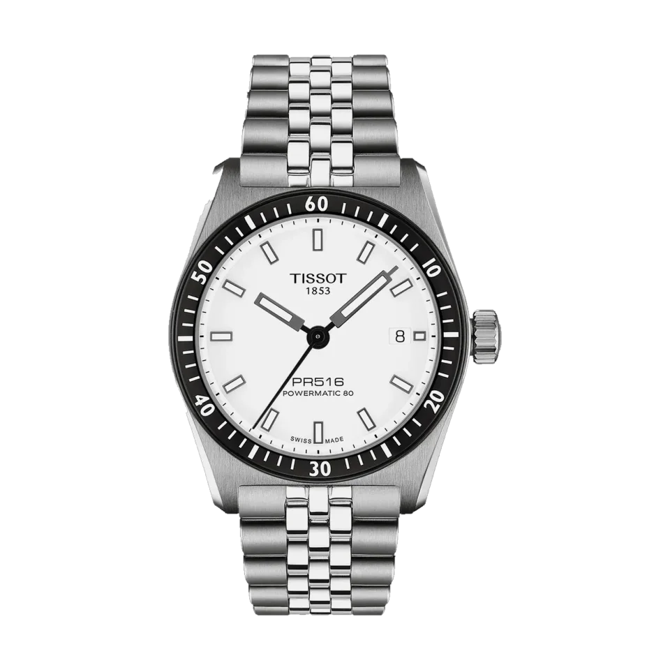 Tissot PR 516 Powermatic 80 wristwatch with white dial, stainless steel case and bracelet