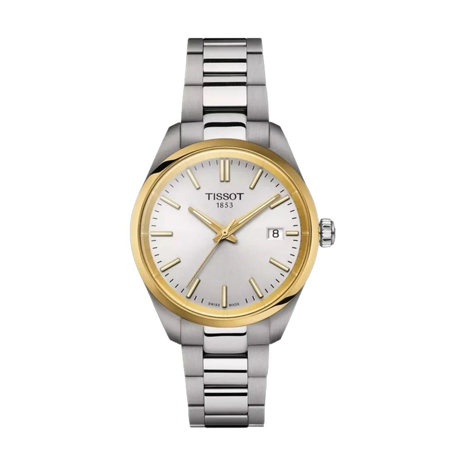 Tissot PR 100 unisex watch with silver dial, yellow gold PVD stainless steel case and grey steel bracelet.