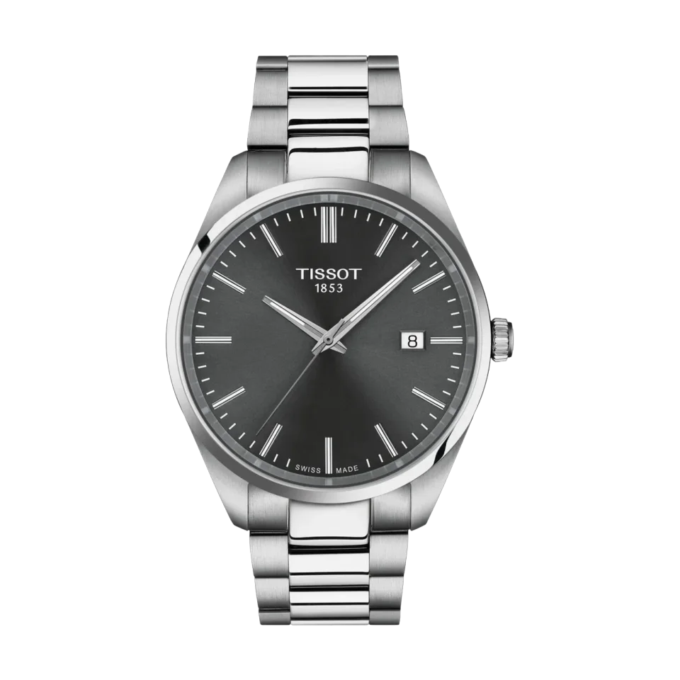 Tissot PR 100 men’s watch with grey dial, stainless steel bracelet and date display.