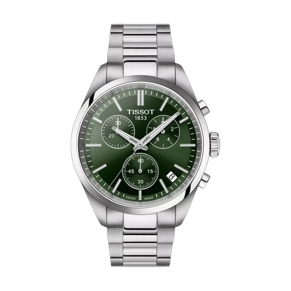 Tissot PR 100 Chronograph with green dial, stainless steel case and grey metal bracelet
