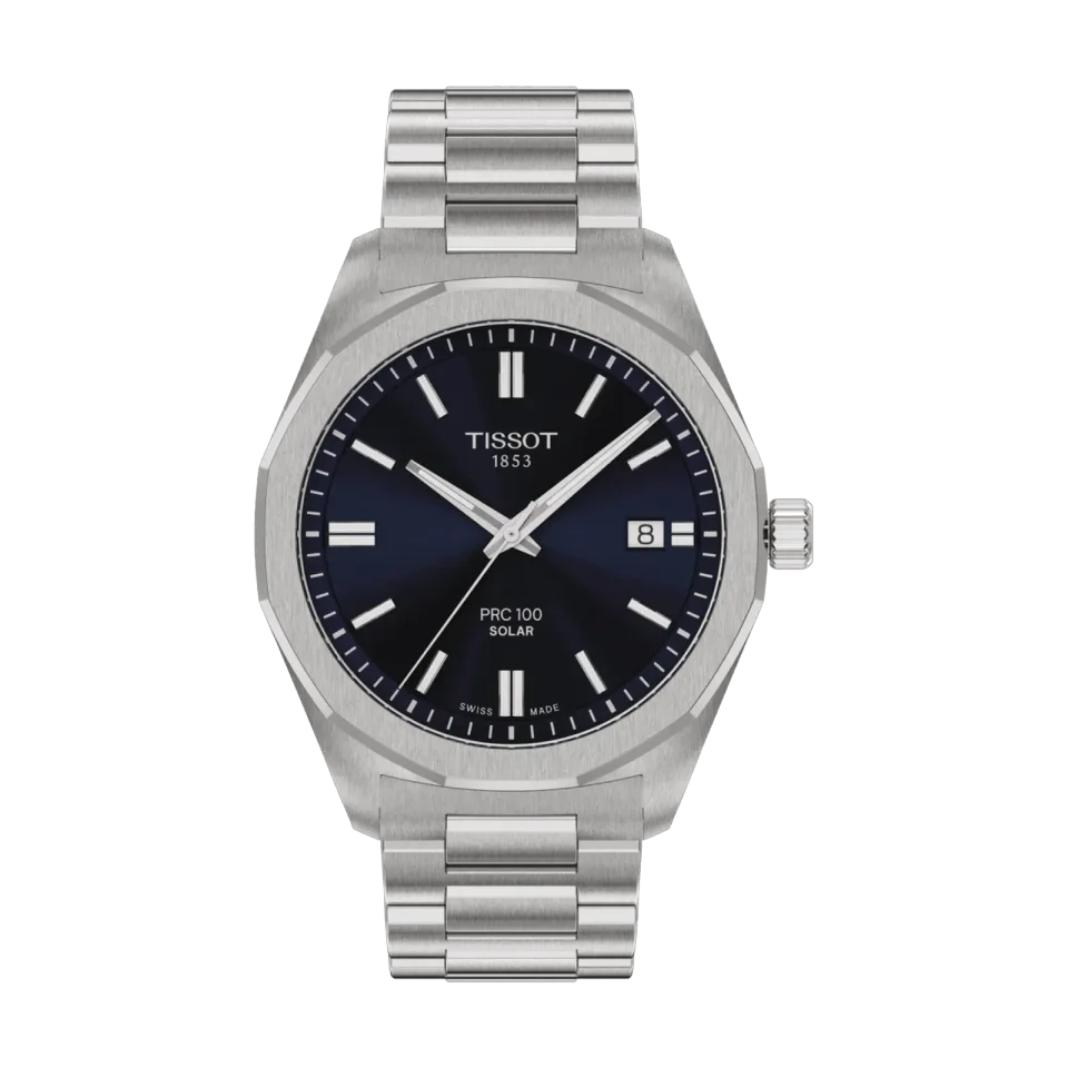 Tissot PRC 100 Solar Quartz men’s watch with blue dial, stainless steel bracelet and sapphire crystal.
