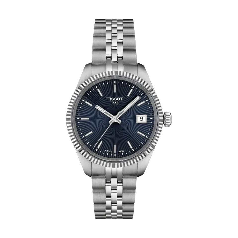 Tissot Ballade women’s watch with blue dial, stainless steel case and grey steel bracelet.