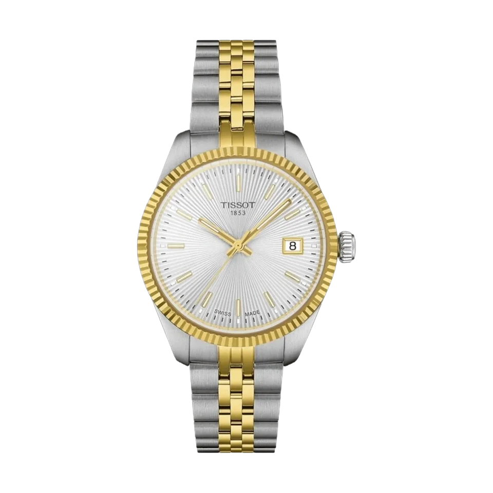 Tissot Ballade women’s watch with silver dial, yellow gold PVD steel case and grey two-tone bracelet.