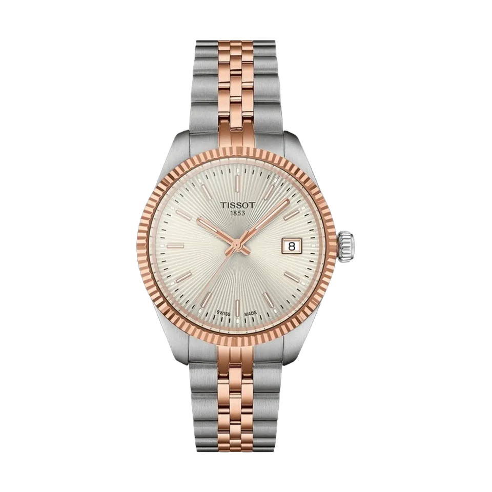 Tissot Ballade women’s square watch with silver dial, rose gold PVD stainless steel case, and bracelet.