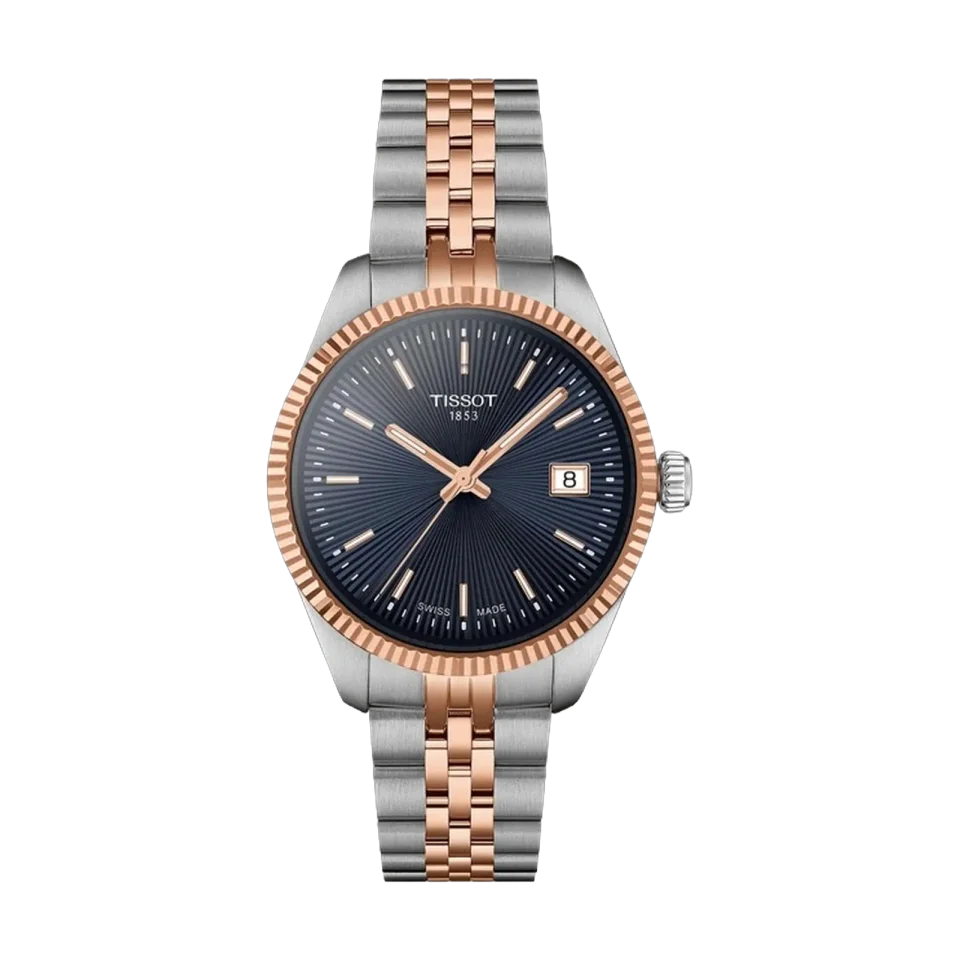 TISSOT Ballade women’s watch with blue dial, fluted bezel, two-tone stainless steel bracelet and rose gold PVD case