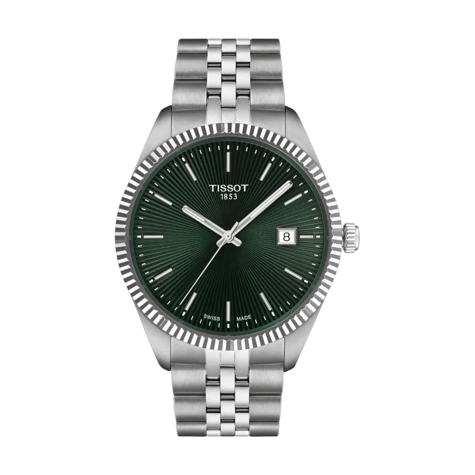 Tissot Ballade men’s watch with green dial, stainless steel case and bracelet, and index markers.