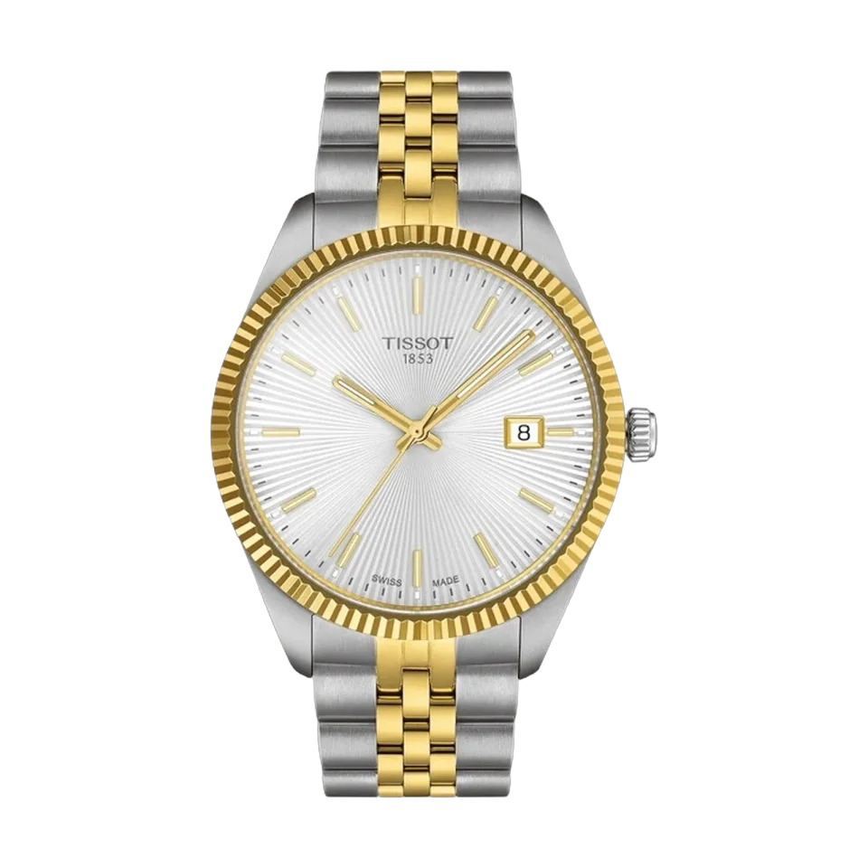 Tissot Ballade watch with silver dial, yellow gold PVD case and bracelet, and butterfly clasp.