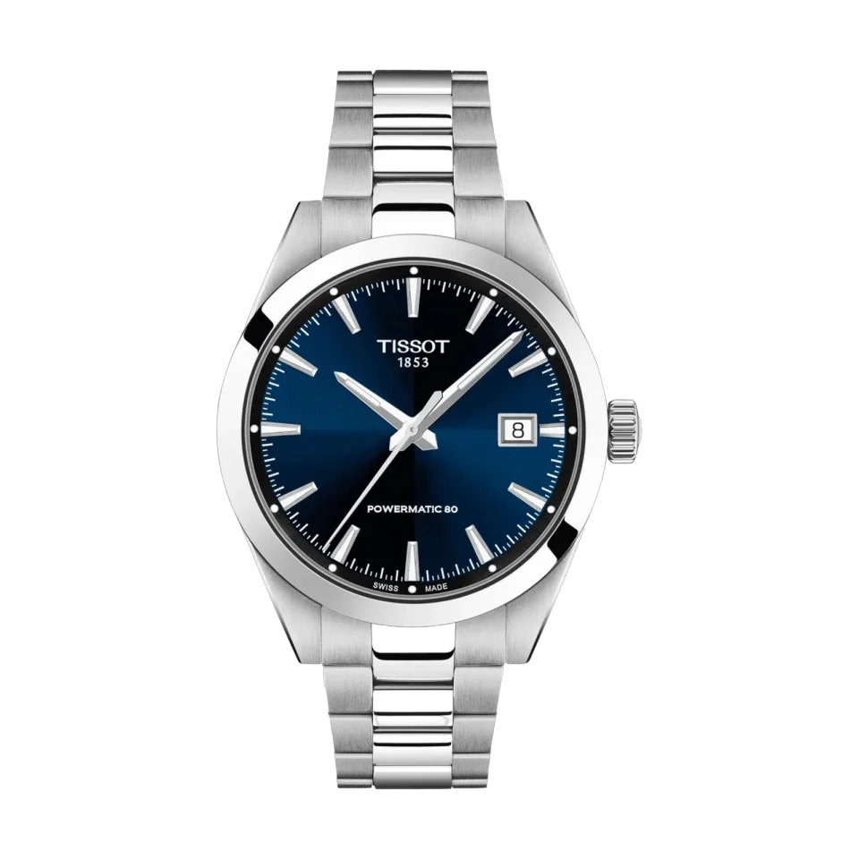 Tissot Gentleman Powermatic 80 with blue dial, stainless steel bracelet, and date display