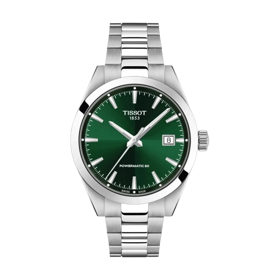 Tissot Gentleman Powermatic 80 watch with green dial, stainless steel bracelet and date display