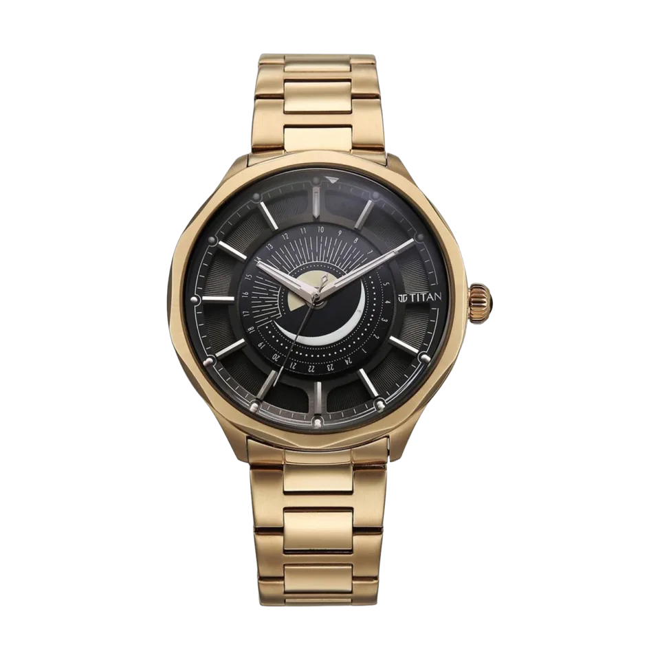 Titan Stellar men’s watch with black dial, brown accents, faceted bezel and carnation gold stainless steel strap.