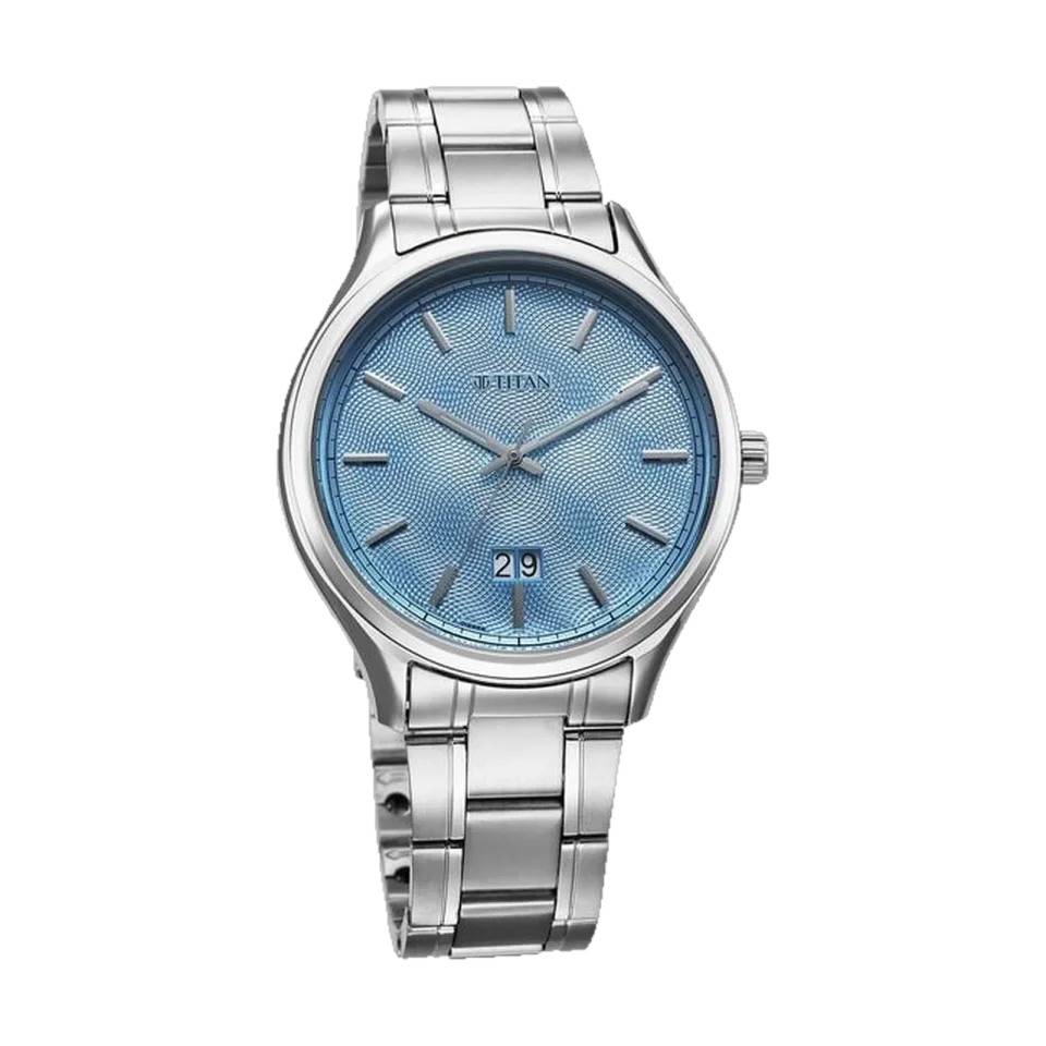Titan men’s watch with blue dial, date display and silver stainless steel bracelet.