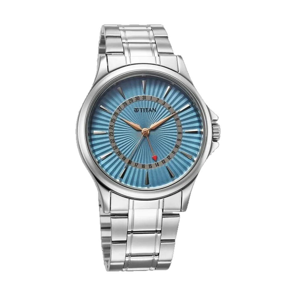 Titan Karishma quartz analog men’s watch with blue dial, date display and silver stainless steel bracelet.