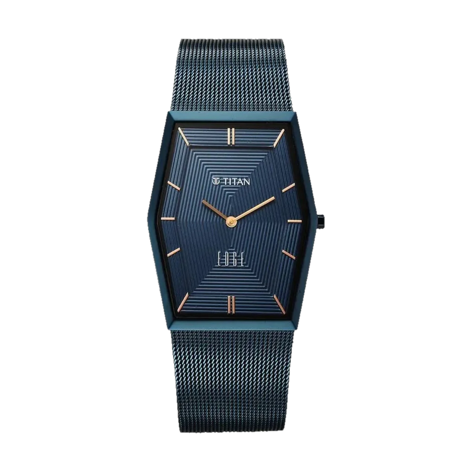 Titan Edge Whimsey men’s watch with blue dial, stainless steel case and bracelet, and sapphire crystal.
