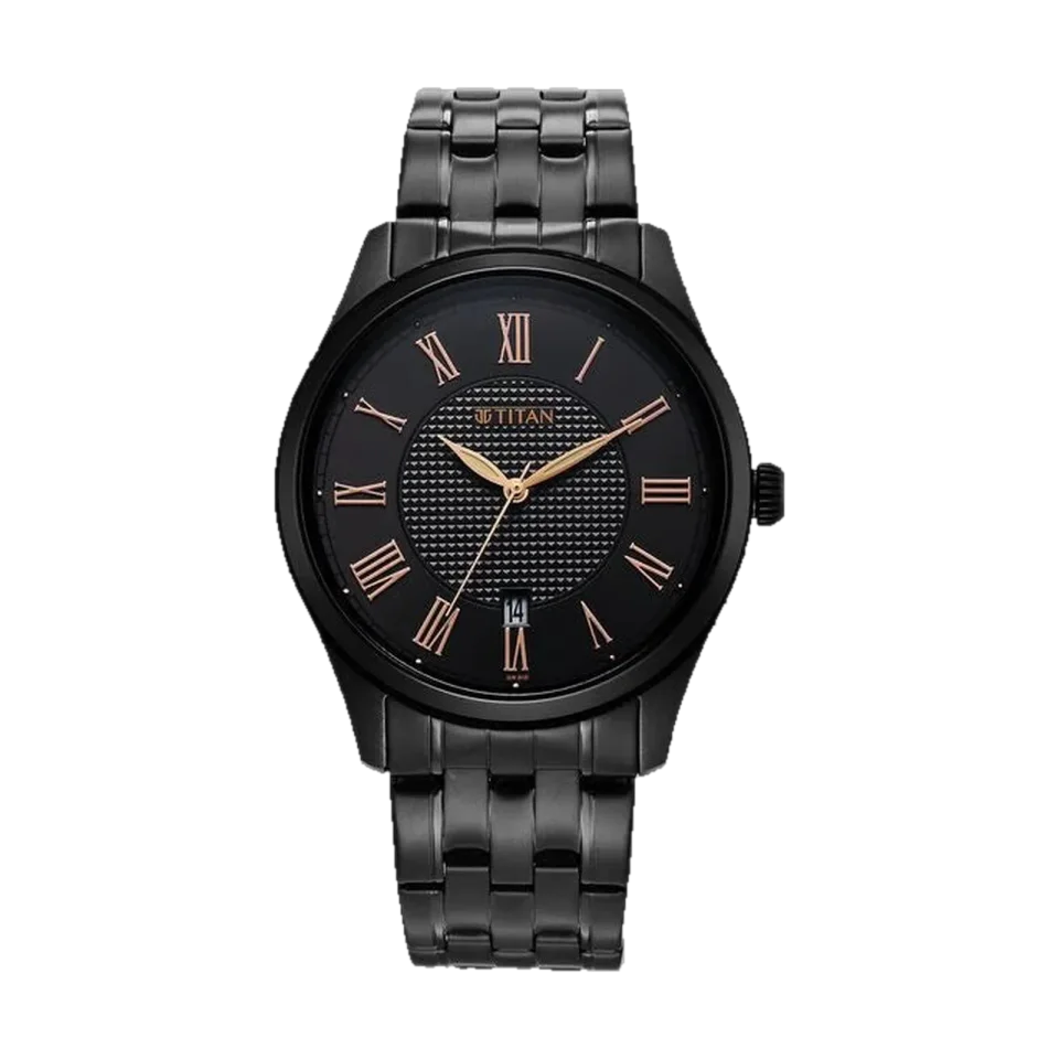 Titan Neo Roman watch with black dial, stainless steel case and black stainless steel bracelet.