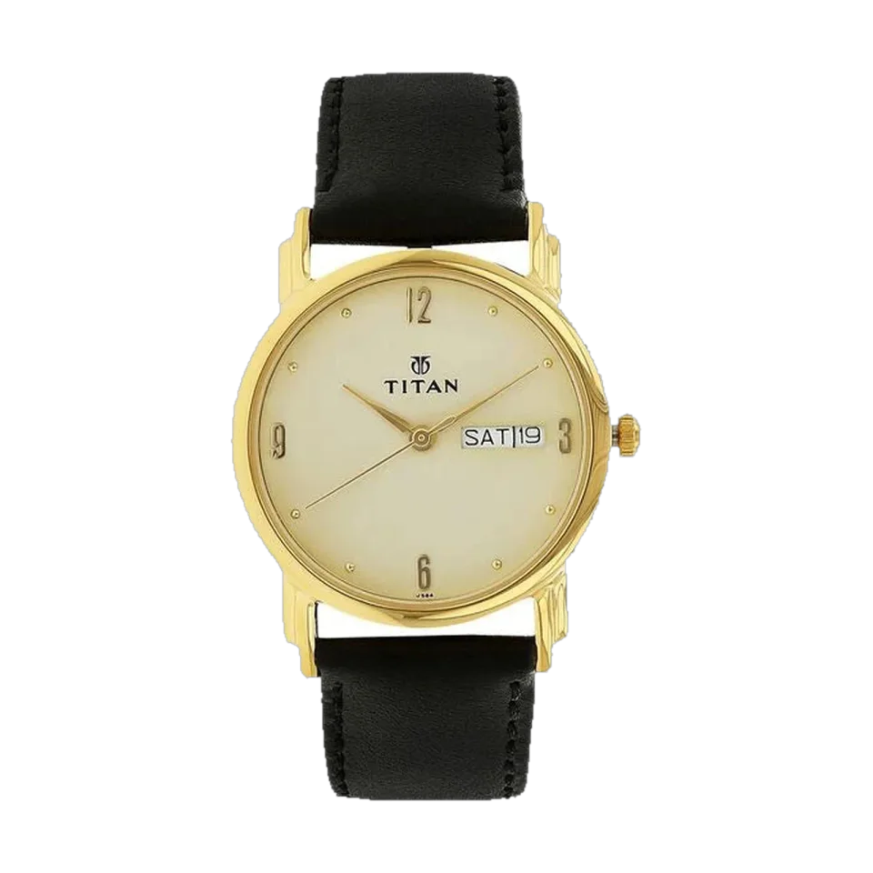 Titan Karishma men’s watch with black leather strap and day-date display