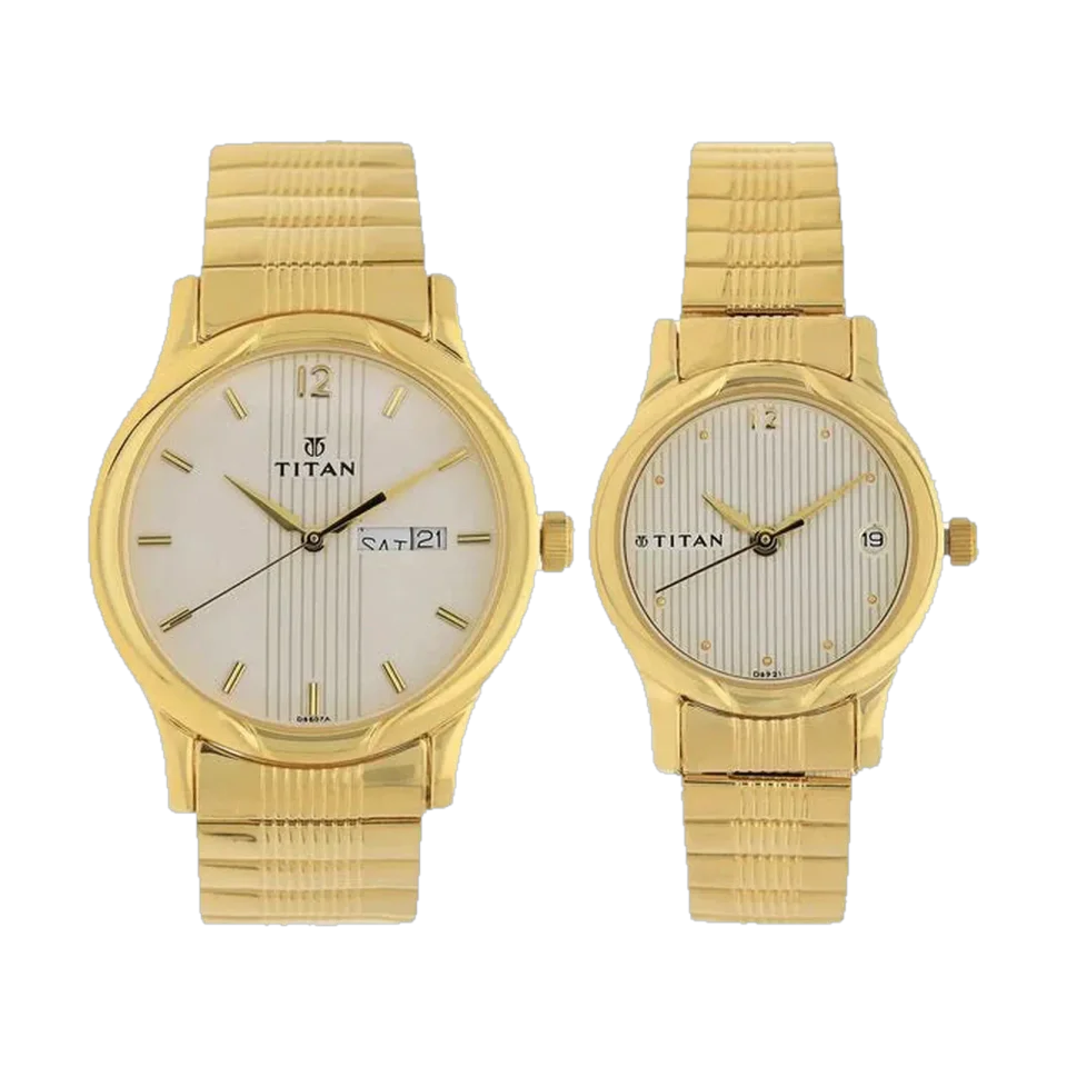 Titan unisex watch with a golden metal strap and day-date display