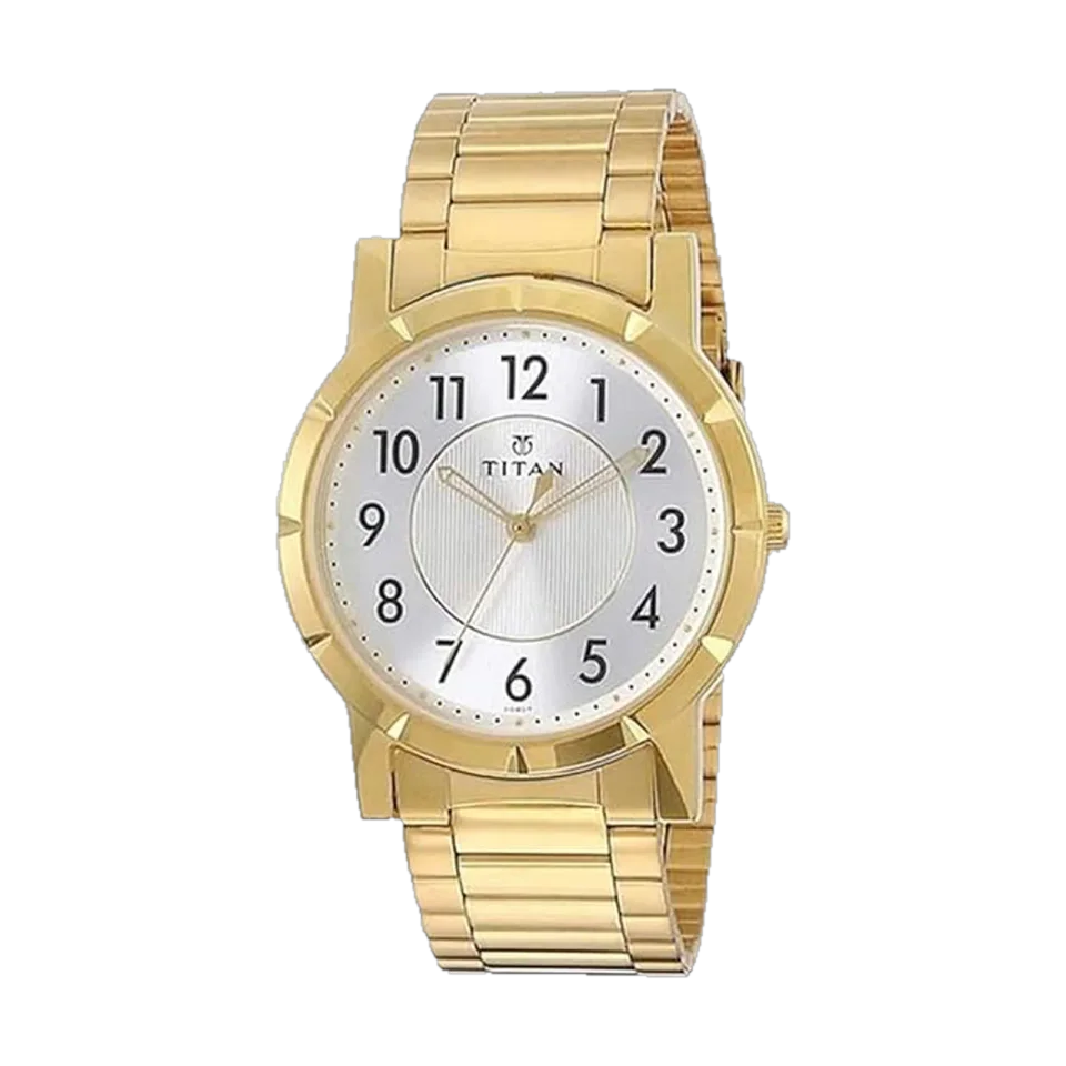 Titan men’s watch with a white dial and golden stainless steel strap