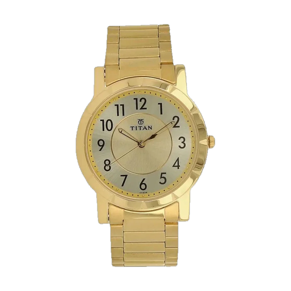 Titan men’s watch with a stainless steel case and golden stainless steel bracelet