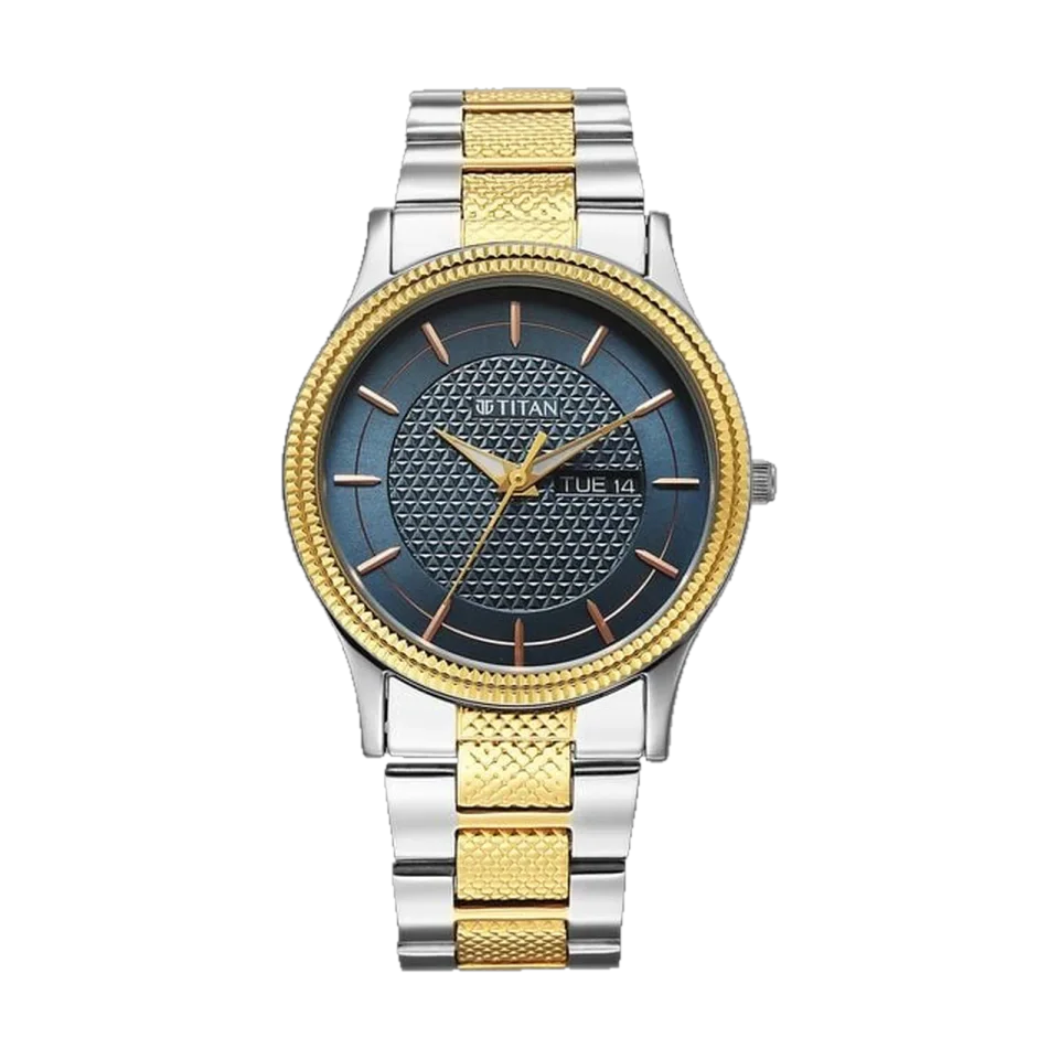 Titan men’s watch with blue dial, two-toned stainless steel bracelet and day-date display.