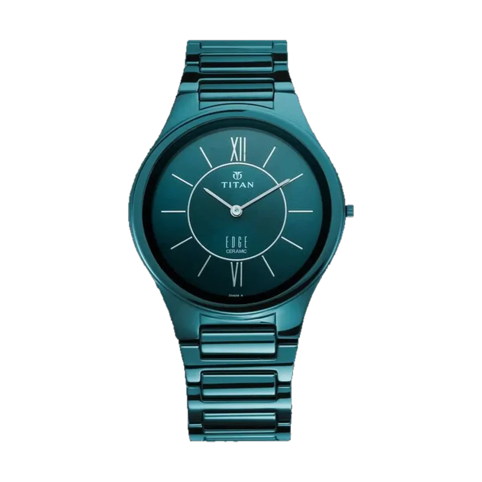 Titan Edge men’s watch with blue ceramic strap and ceramic case, shown on a white background.