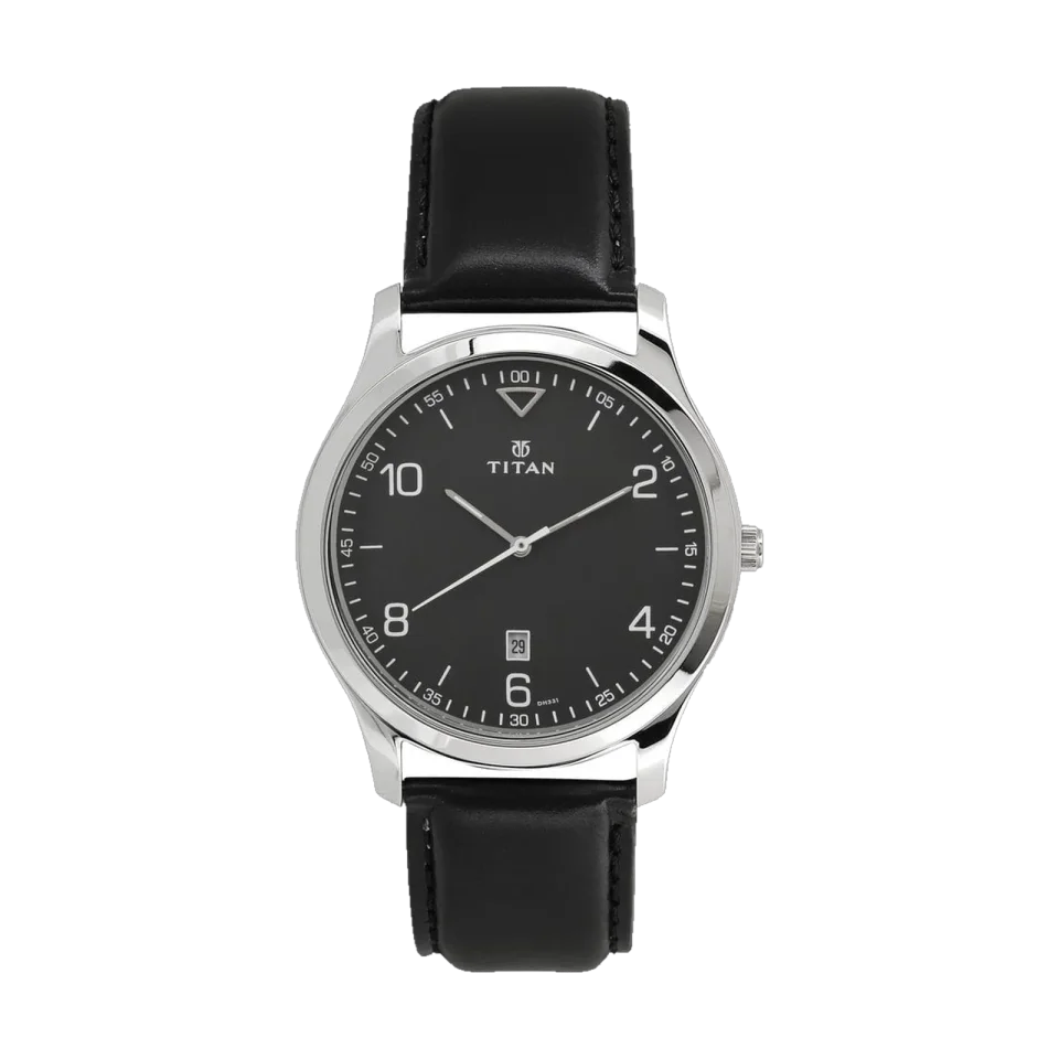 Titan men’s quartz watch with black dial, 42 mm metal case, black leather strap and date window.