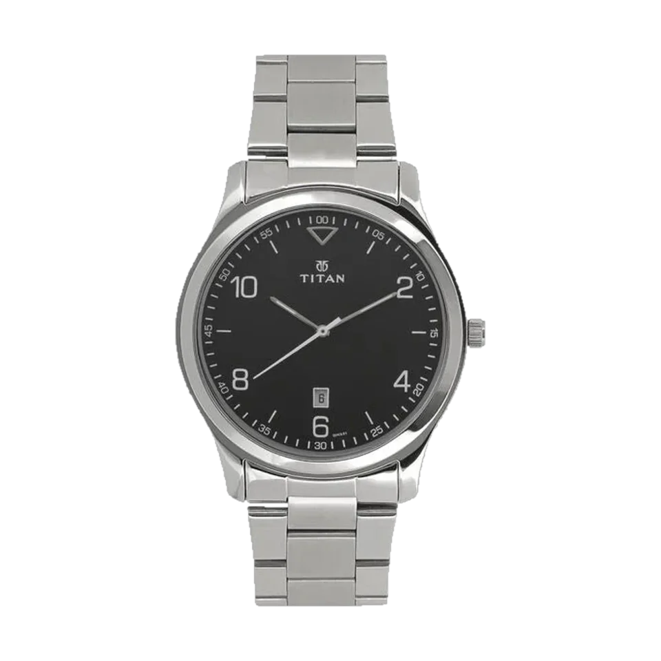 Titan 1770SM02 men’s watch with silver stainless steel bracelet and analogue date display.