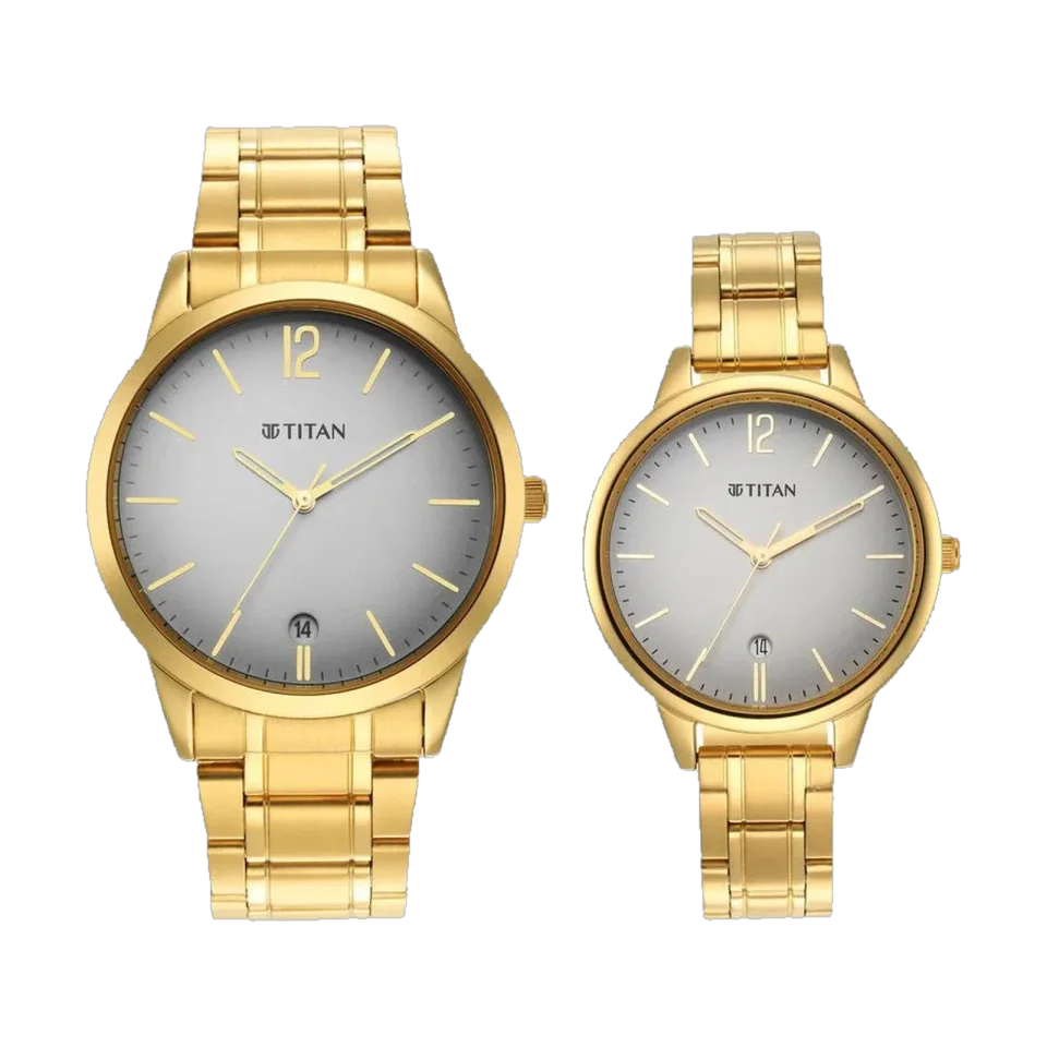 Titan Bandhan watch with grey dial and gold stainless steel strap