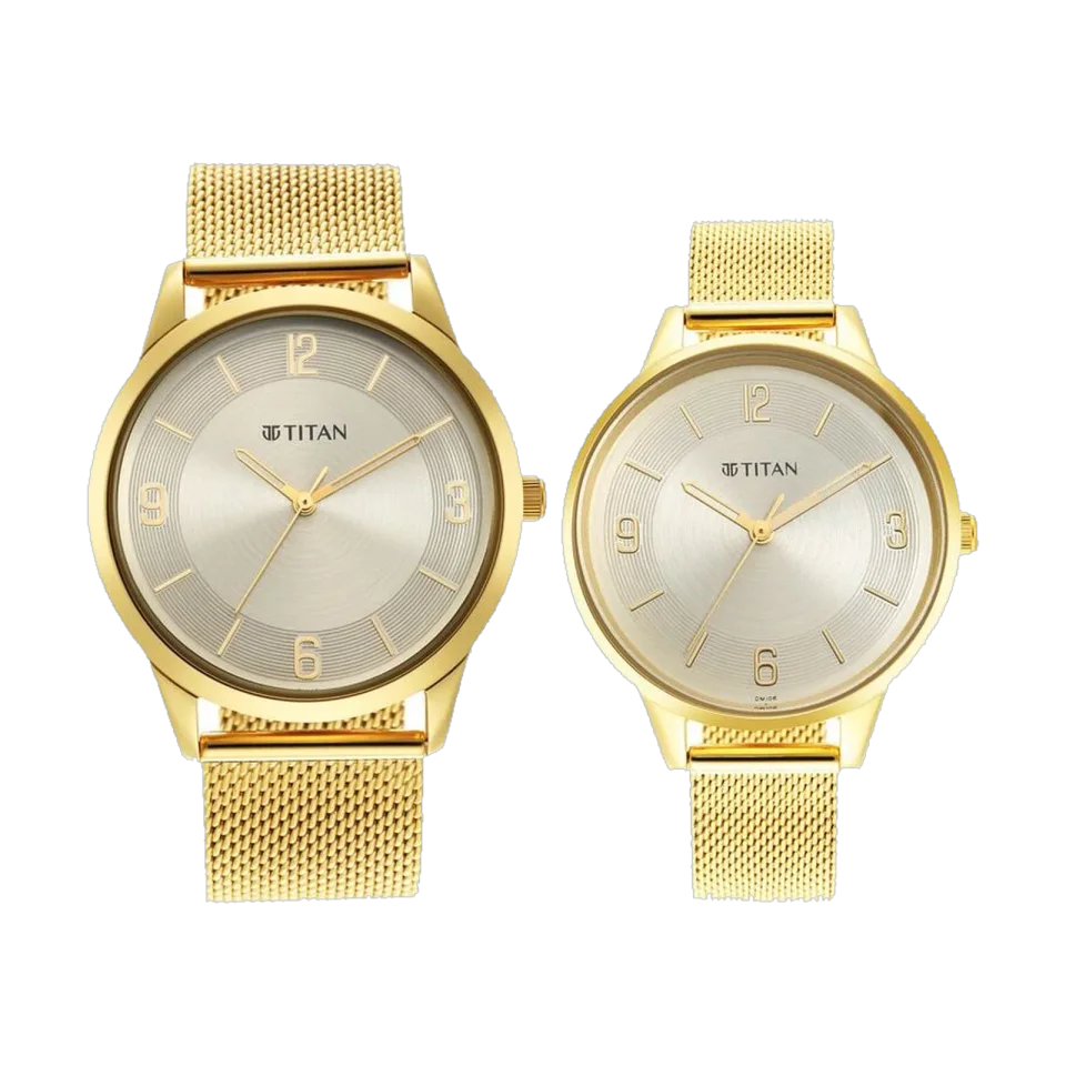 Titan Bandhan watch with champagne dial and gold stainless steel strap