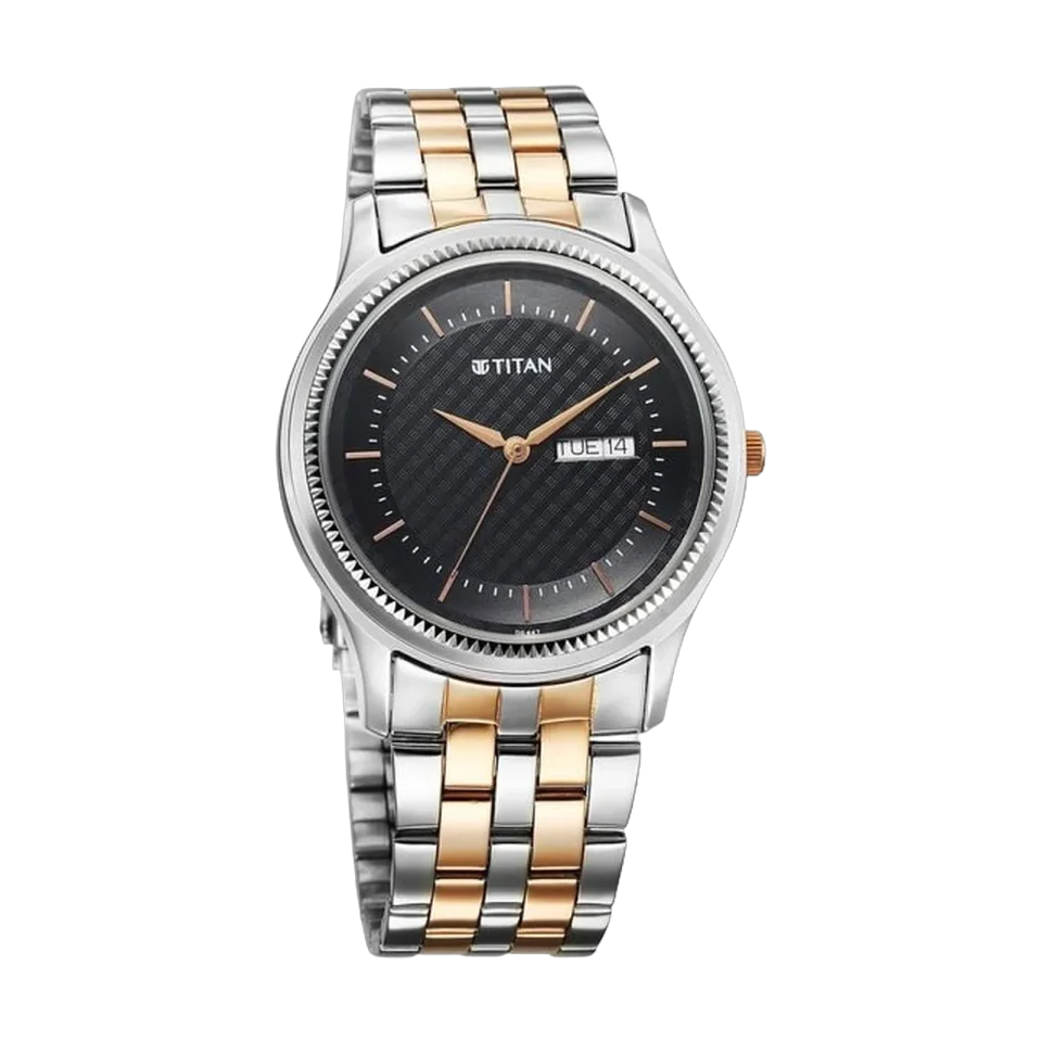 Titan men’s watch with blue dial, day and date display, and two toned stainless steel bracelet.