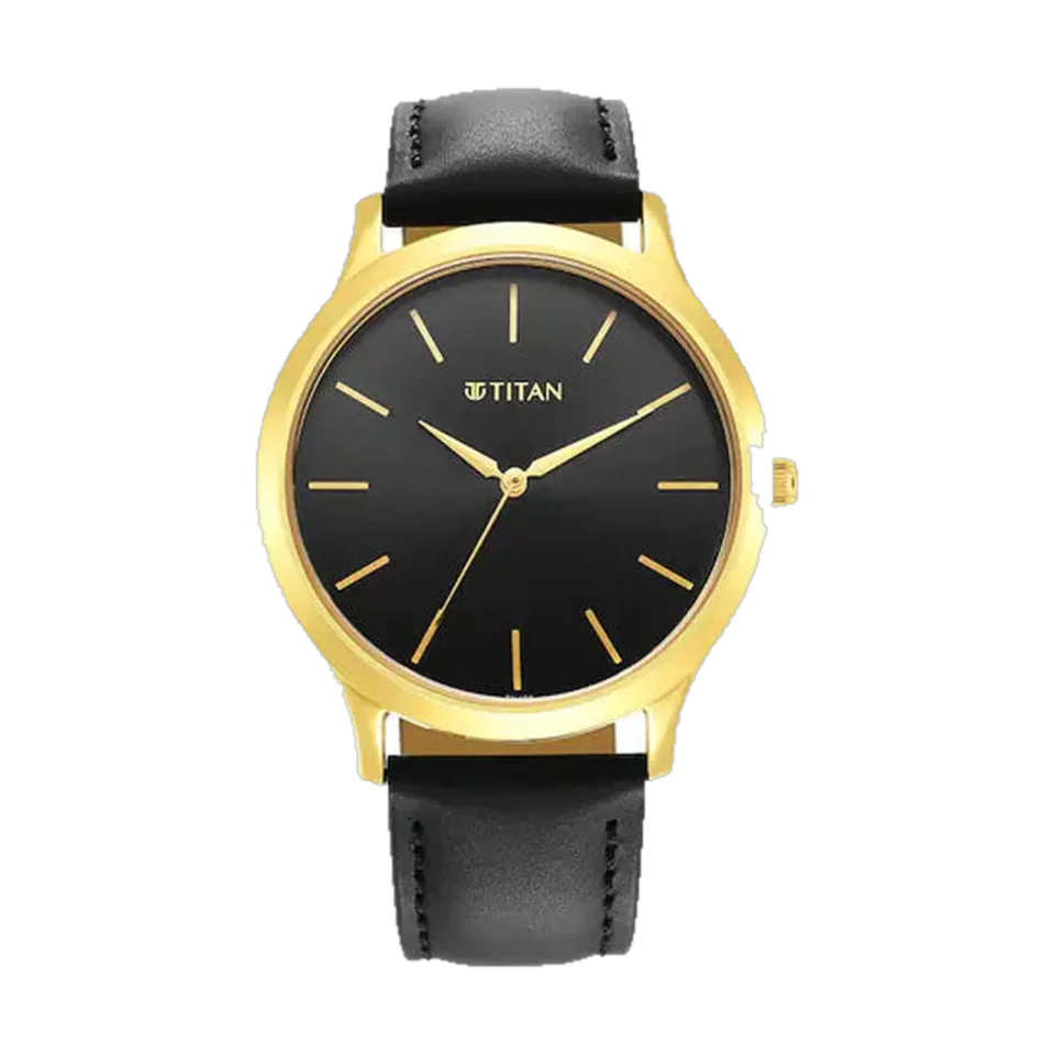 Titan Karishma Radiance men’s watch with black leather strap and 47.3 mm case.
