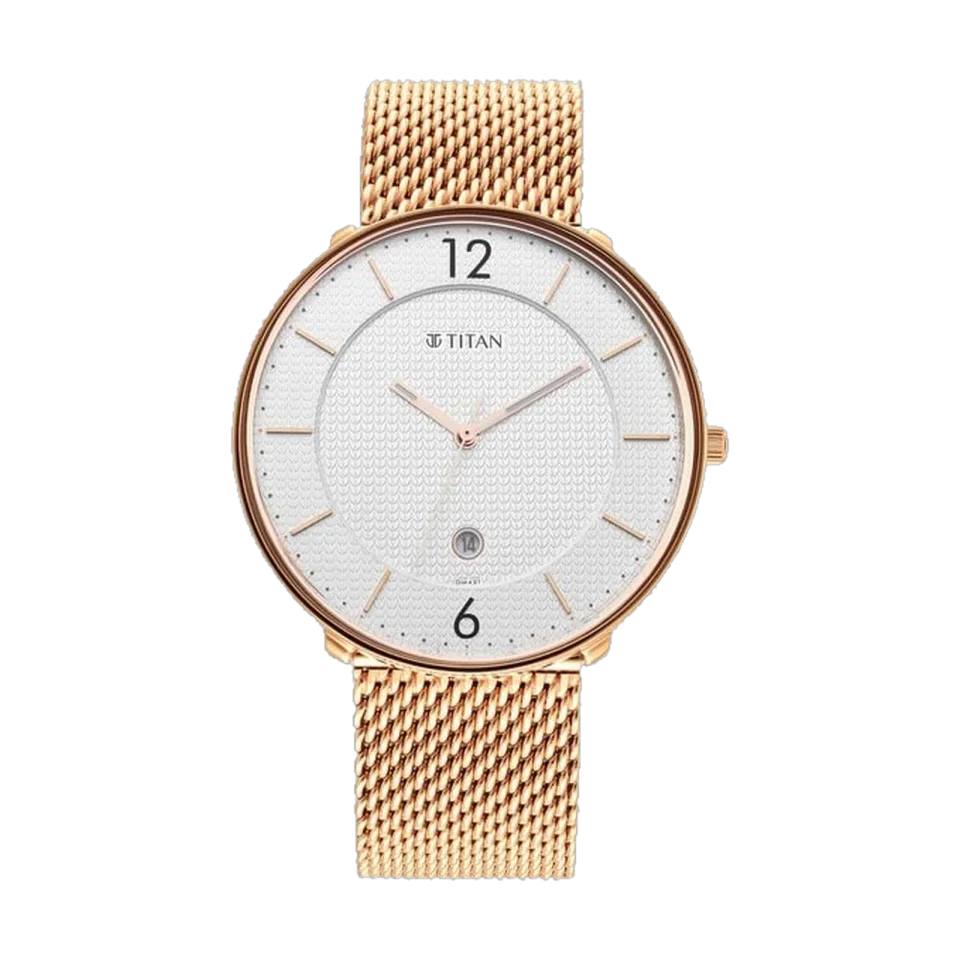 Titan men’s watch with silver dial, black and gold case detailing, and rose gold stainless steel bracelet