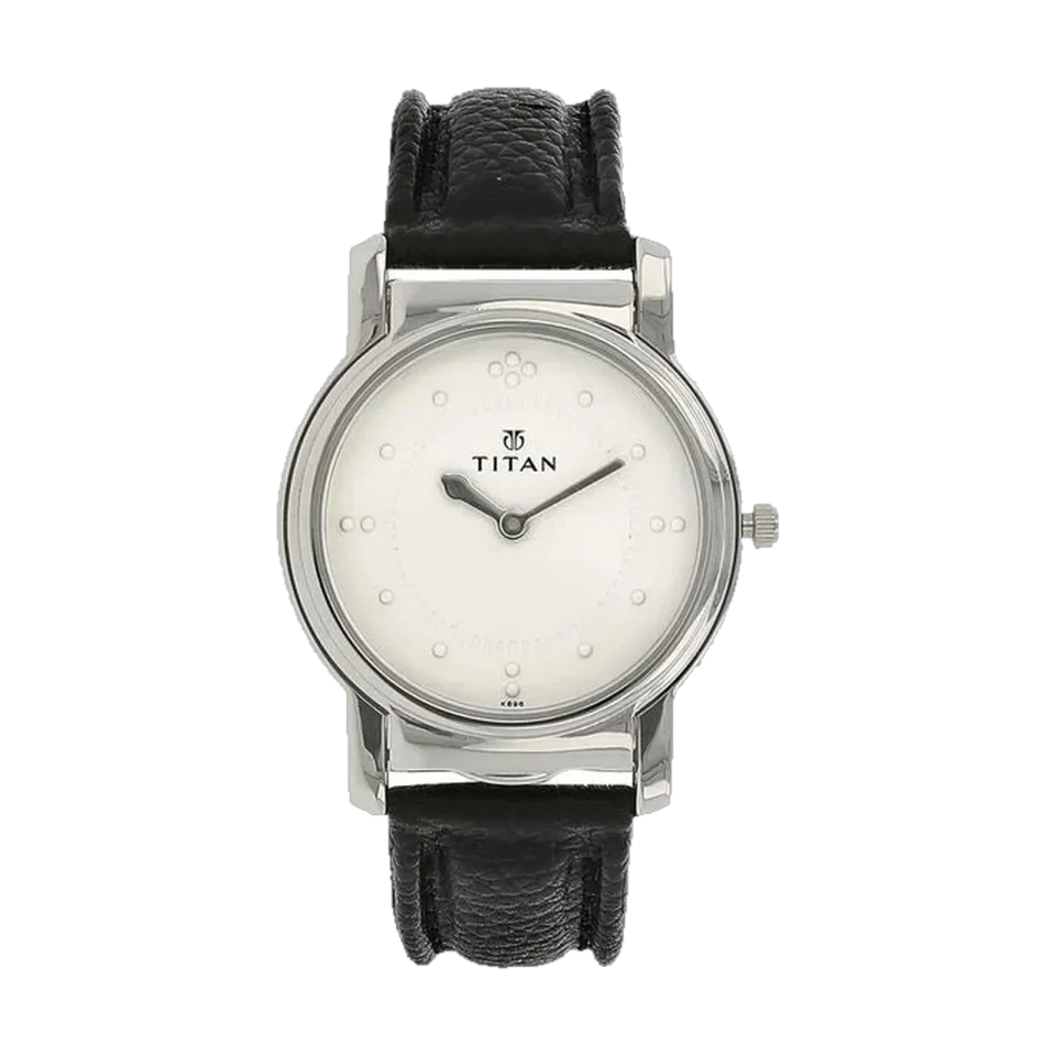 Titan men’s watch with a silver dial, stainless steel case and black leather strap