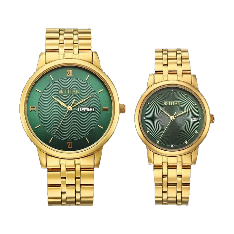 Pair of TITAN Bandhan Eternal watches with green dials, stainless steel cases and gold-colour bracelets.
