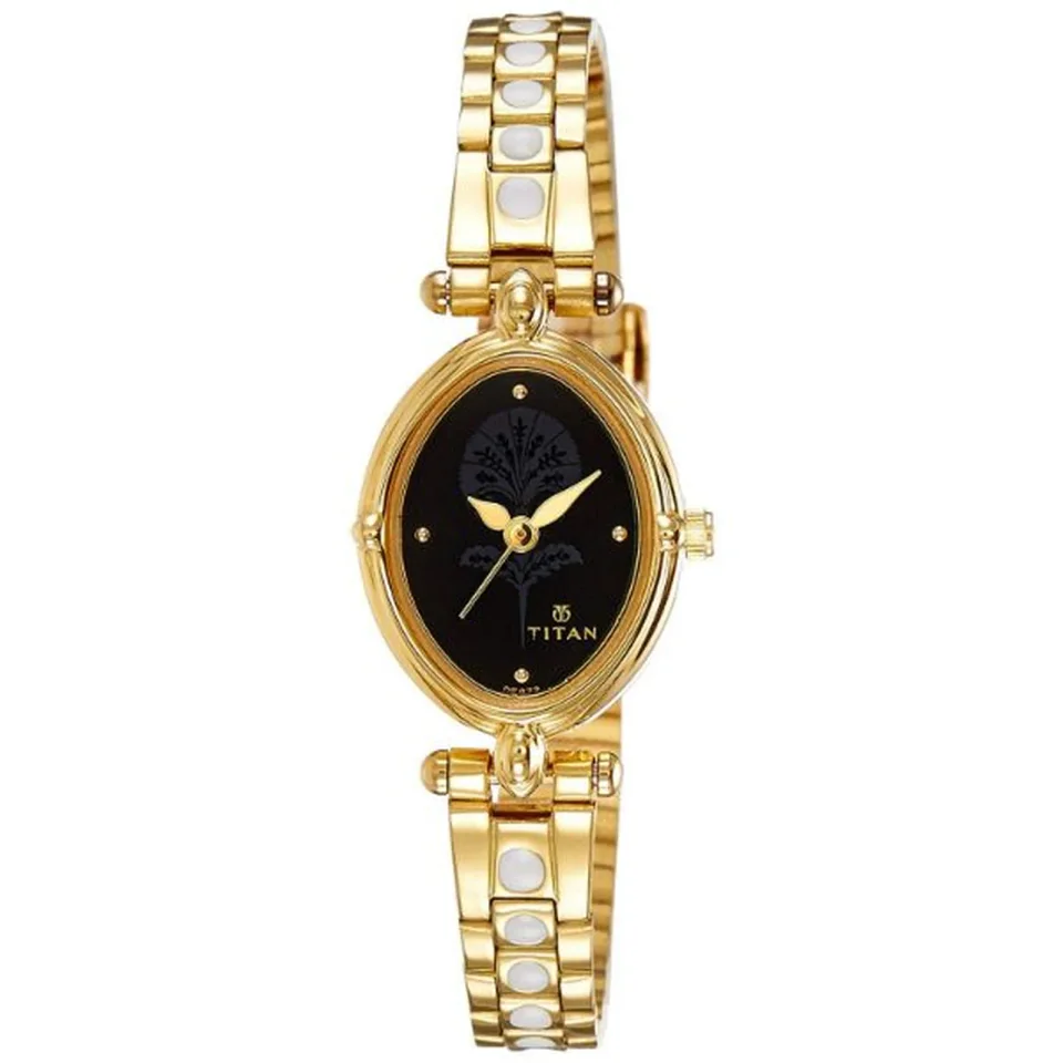 Titan women’s watch with a gold stainless steel strap and 24 mm case.