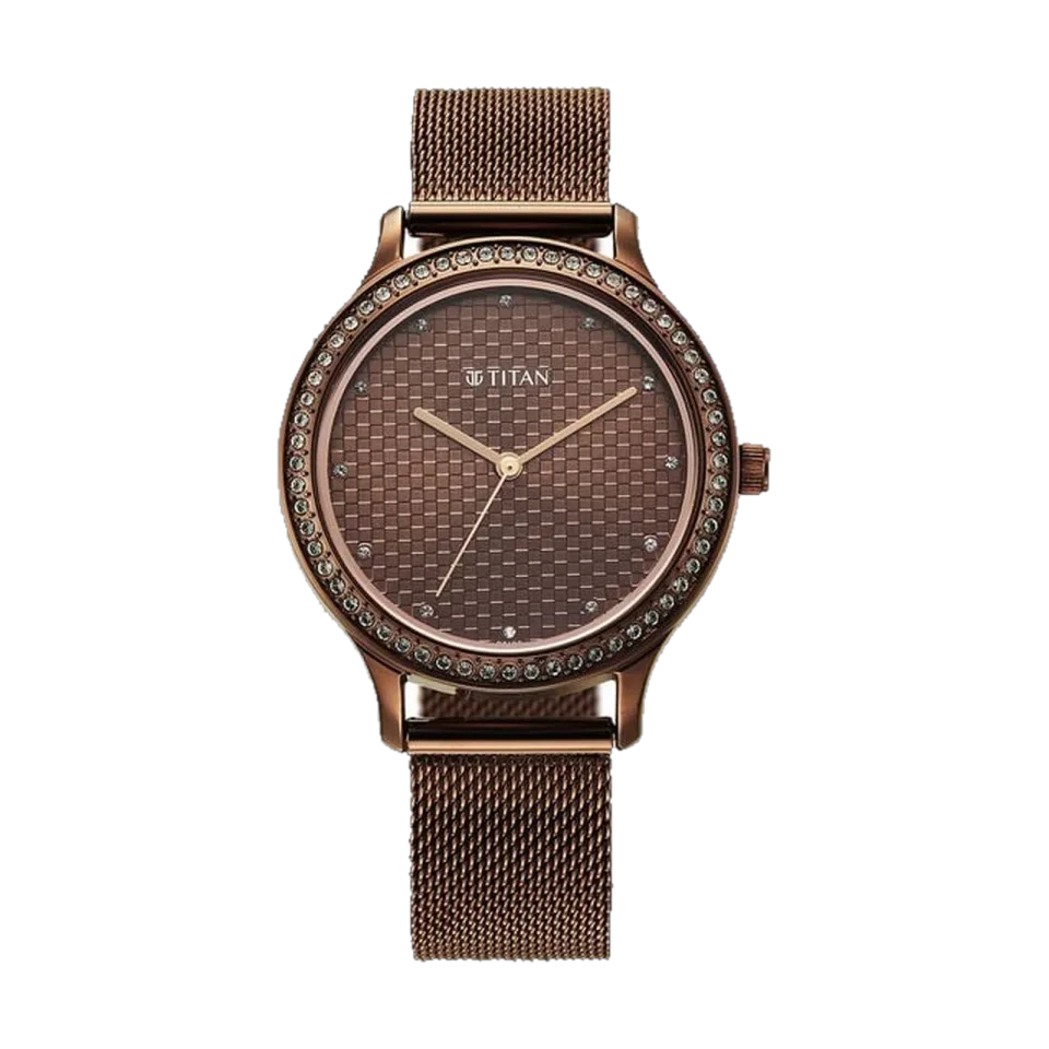 Titan women’s watch with a round brown dial, stainless steel case and brown stainless steel strap.