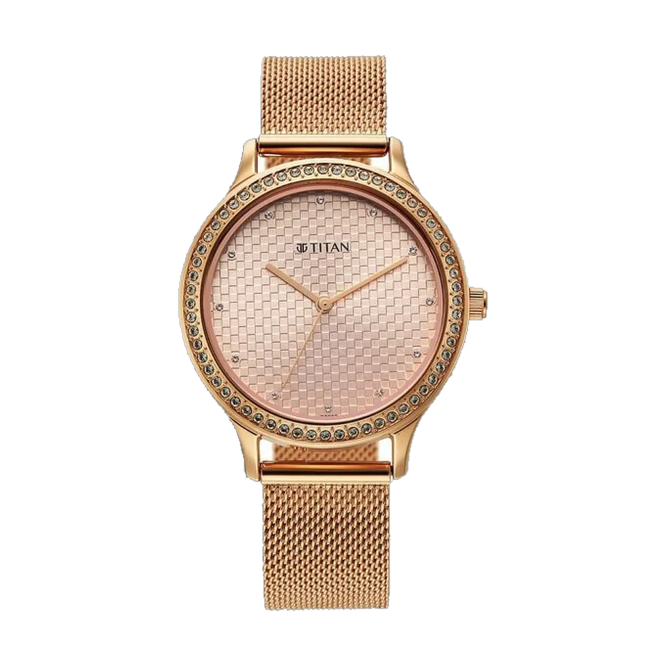 Titan women’s quartz watch with a rose gold dial, 35 mm stainless steel case and rose gold stainless steel bracelet