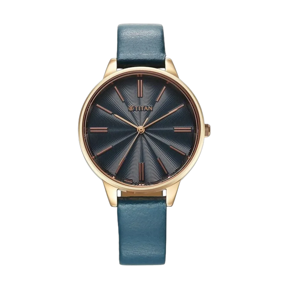 Titan women’s analog watch with blue dial, blue leather strap and metal case
