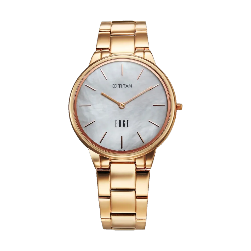 Titan Edge Metal Ladies Allure women’s analog watch with rose gold stainless steel bracelet and mother-of-pearl dial.