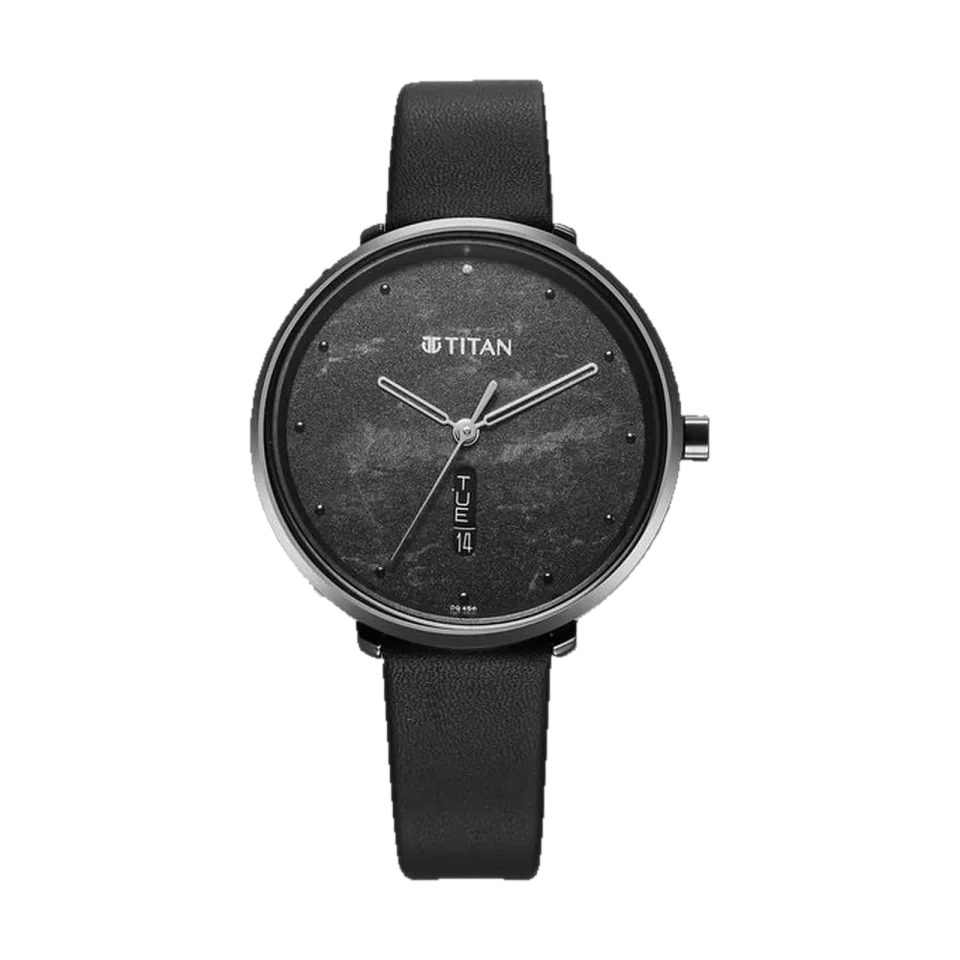 Titan women’s watch with black dial, stainless steel case, and black leather strap