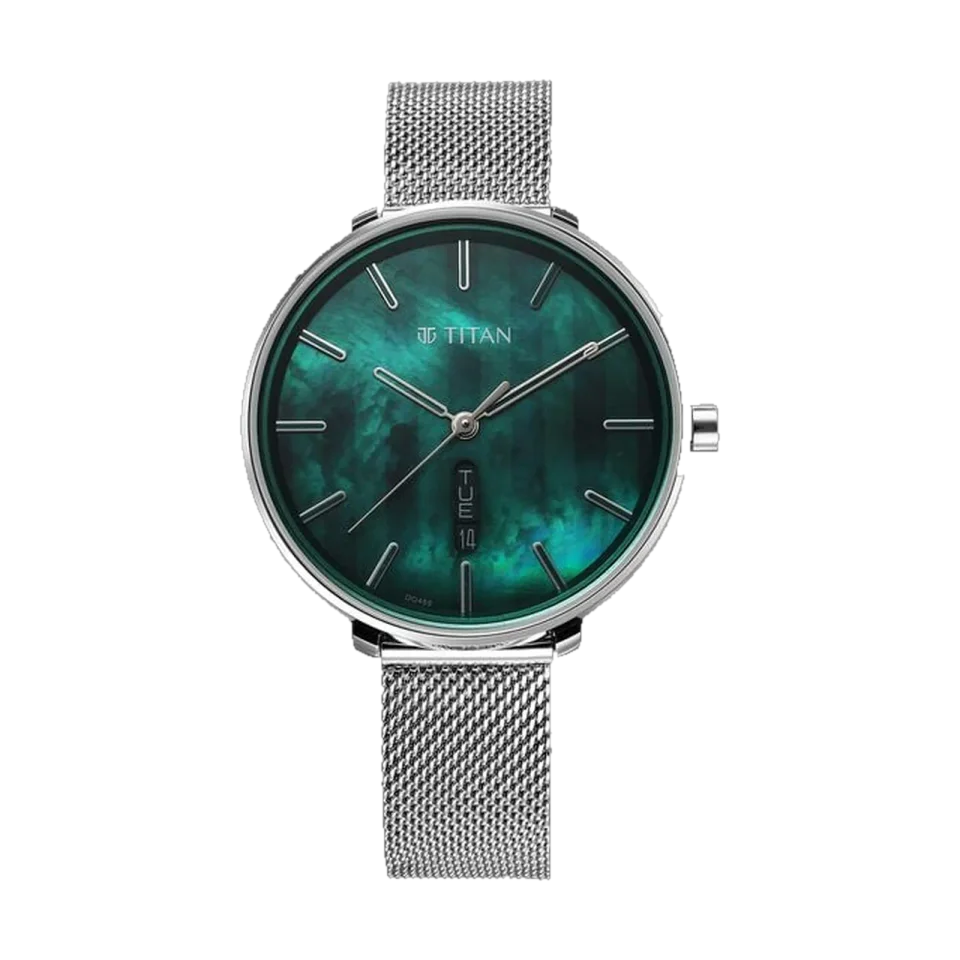 Titan women’s watch with a mother of pearl dial and silver stainless steel bracelet.