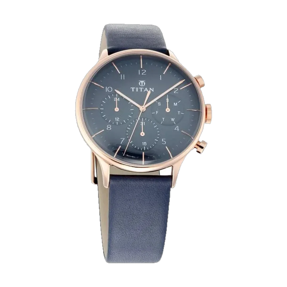 Titan men’s watch with a blue leather strap and a 48 mm case.
