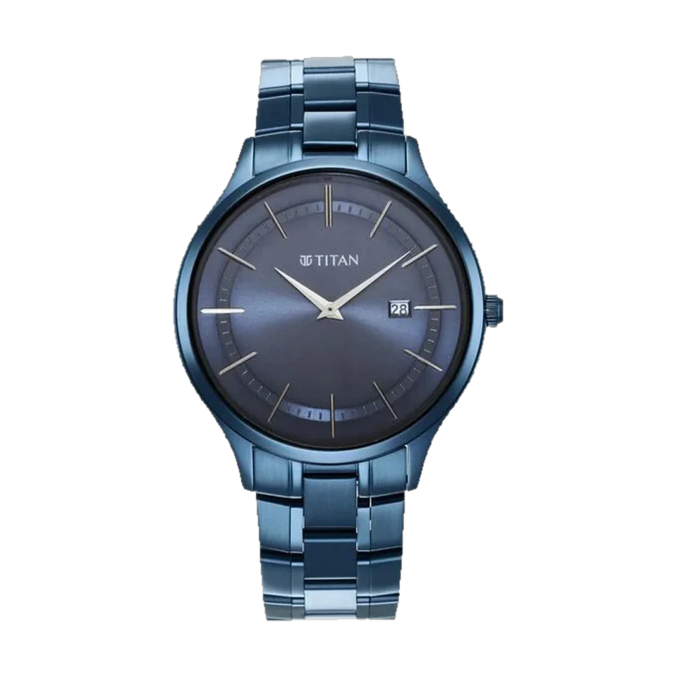 Titan Classique Slimline watch with a blue stainless steel strap and date display.