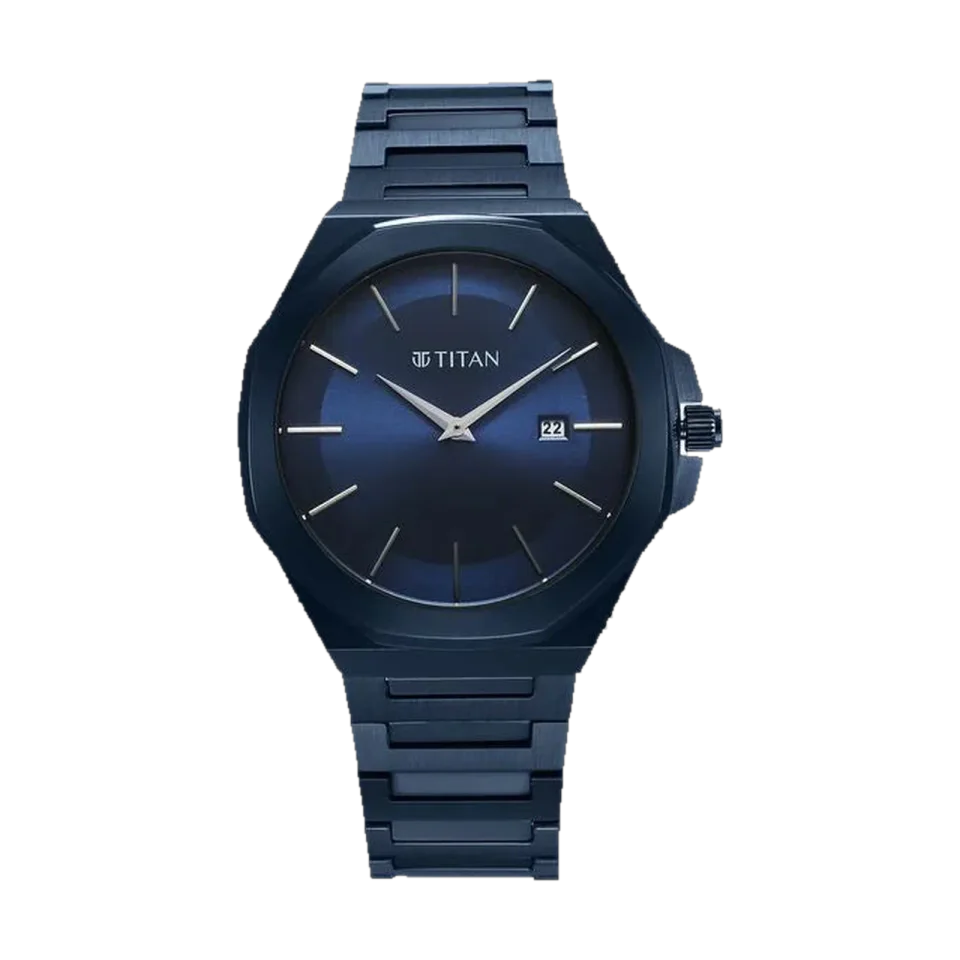 Titan men’s watch with blue stainless steel strap and date display.